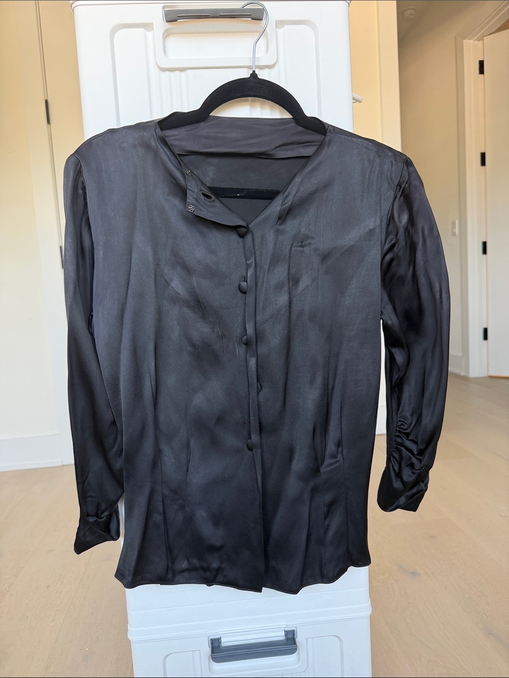 Black Silk-Look Button Front Blouse